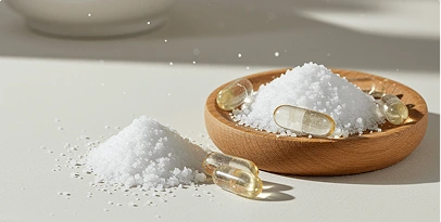 Magnesium powder in a dish beside two capsules